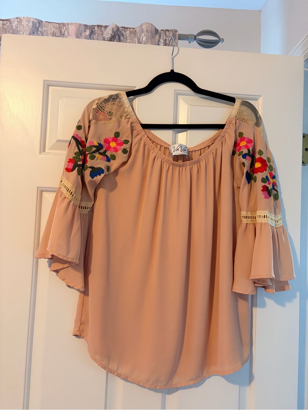 Vava by Joy Han Peach Off-Shoulder Blouse with Multicolor Floral Embroidery